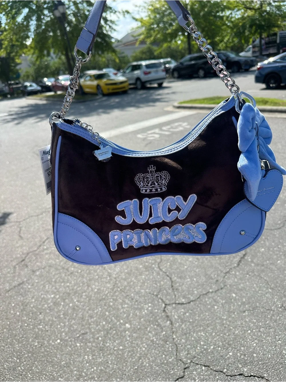 New Juicy Couture chocolate brown princess Shoulder Bag with sky blue trim
